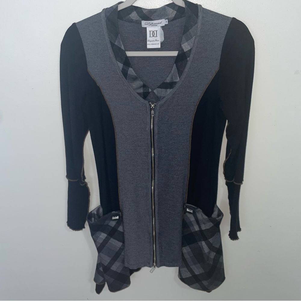 Dzhavael Couture Gray and Black Plaid Lagen Look Goth Full Zip Jacket Size S